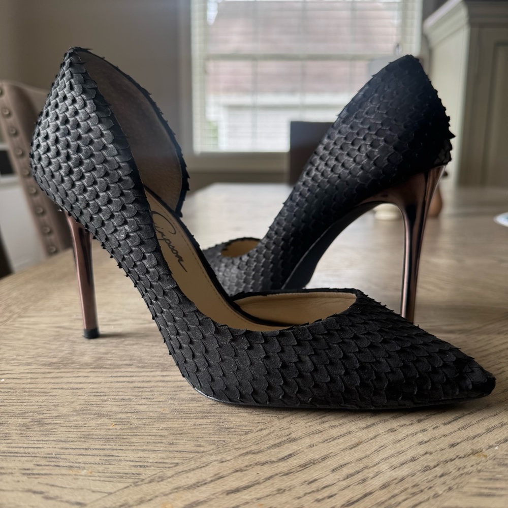 Jessica Simpson Heel 8.5 Leather Black Textured Pointed-Toe Women's Pumps